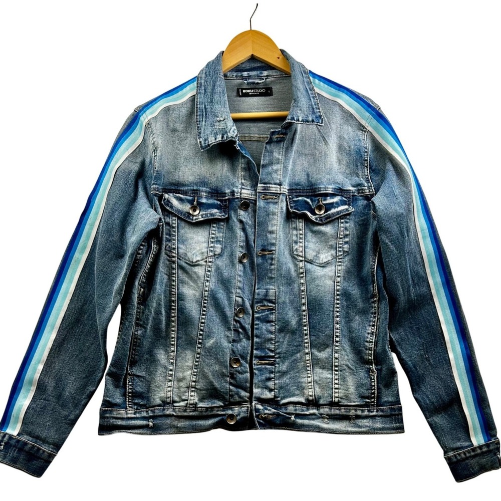 ROKU STUDIO Graffiti‎ Patch Denim Jacket Basquiat Style Distressed Streetwear L